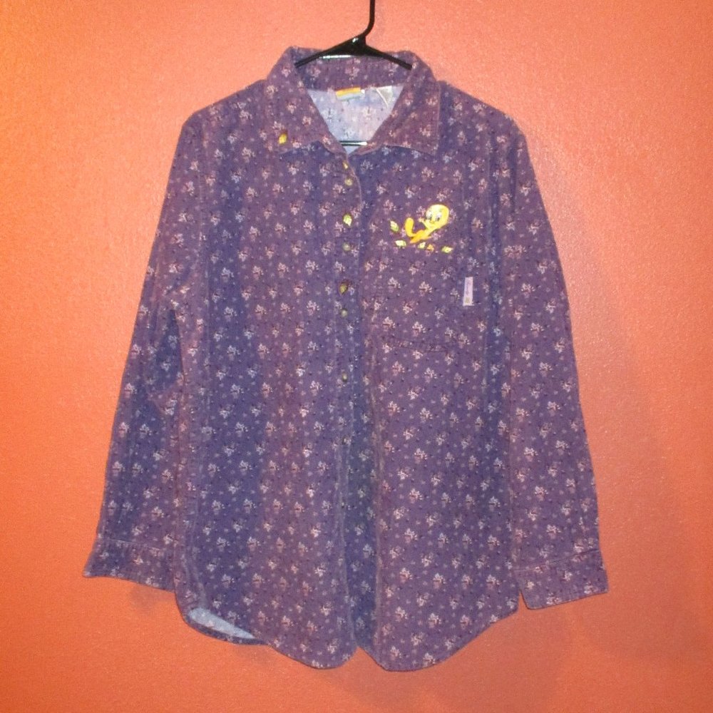 Looney Tunes Shirt Tweedy Bird 2001 Woman Size 14 Purple Yellow Corduroy Shirt